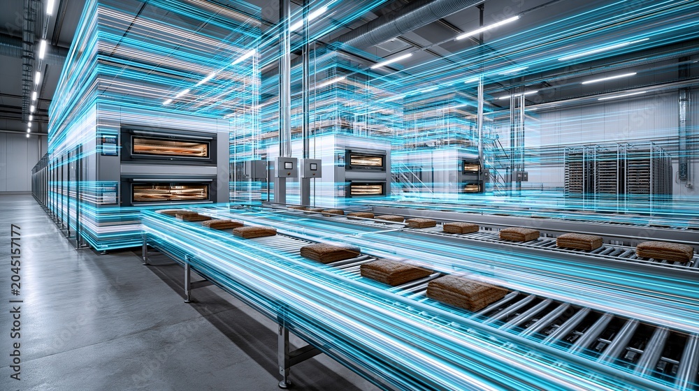 Obraz premium Automated Bakery Line with Blue LED Lighting