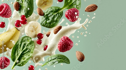 Flying Smoothie Ingredients Create a Colorful Splash Against a Pastel Green Background in High Resolution