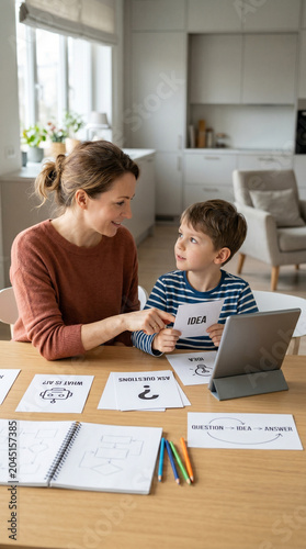 Family AI learning session at home with parent guiding curious child