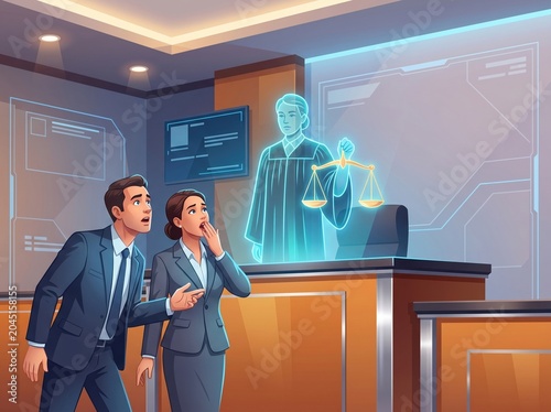 Holographic judge disrupts courtroom with shocked lawyers