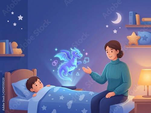 Parent and holographic dragon in bedtime learning scene