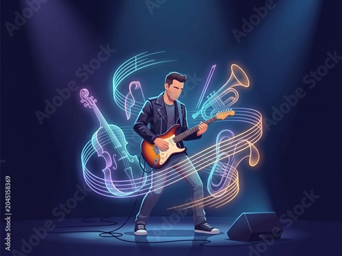 Solo guitarist with holographic symphony performance concept