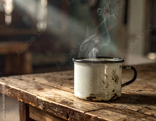 Weathered Enamel Mug Releasing Steam on Rustic Wooden Table Indoors