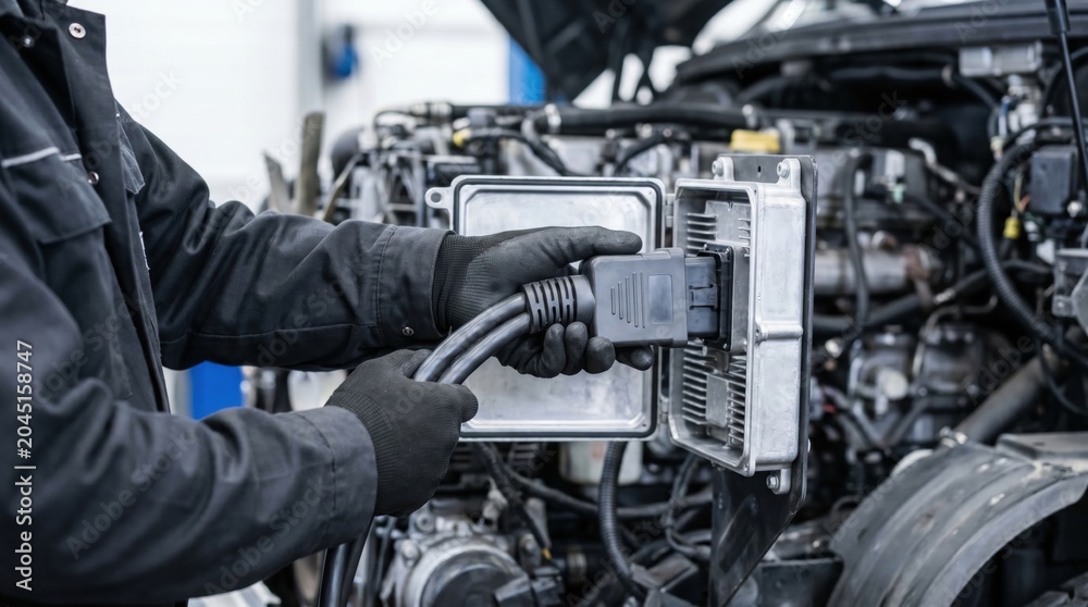 Fototapeta premium Mechanic in black uniform connecting a diagnostic diagnostic cable plug into a heavy truck engine ECU