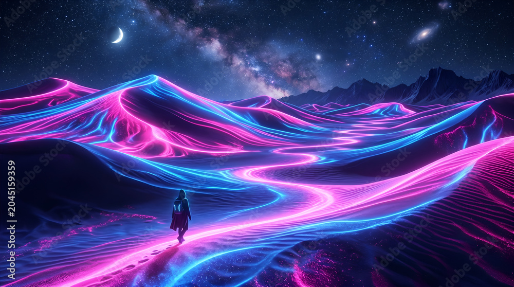 Obraz premium Person walking through glowing neon desert dunes under a starry night sky with galaxy