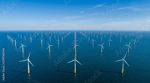 Aerial View of Large Offshore Wind Farm at Sea