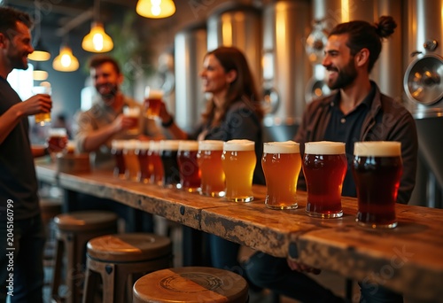 Craft Beer Enthusiasts Sampling Diverse Flights with Friends at Busy Brewery