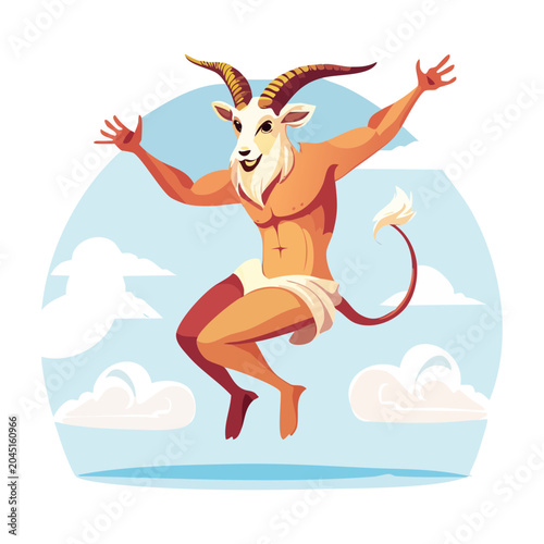 Canvas-taulu Playful satyr boy faun leaping high in the clouds with joyful expression for whi