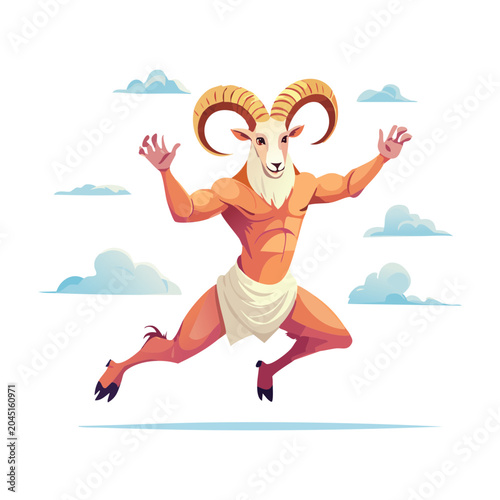 Photos Cheerful mythological satyr faun with ram horns dancing happily in the sky for c