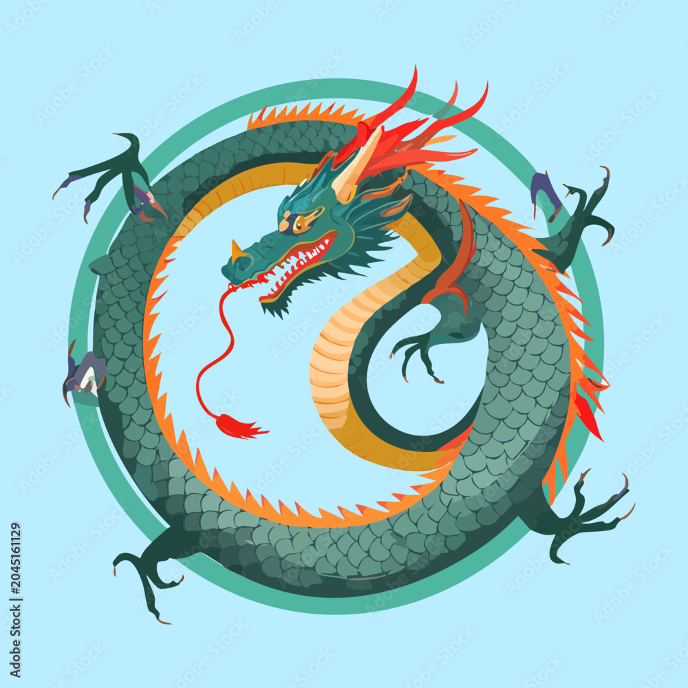 Fototapeta premium Round green dragon snake ring emblem for epic eastern mythology game asset and traditional oriental graphic design layout element