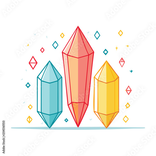 Three colorful crystals in flat design style