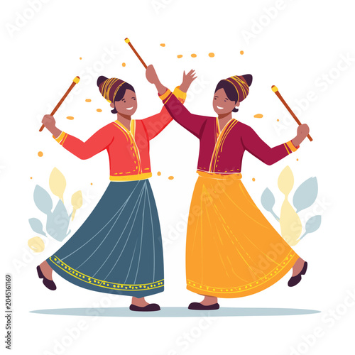 Two women dancing with sticks in traditional clothing