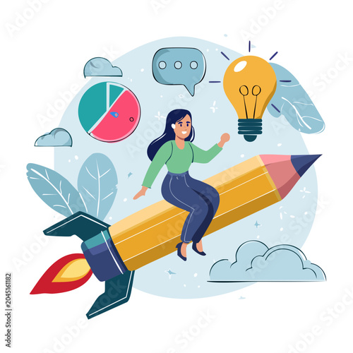 Woman riding a pencil rocket with light bulb and pie chart