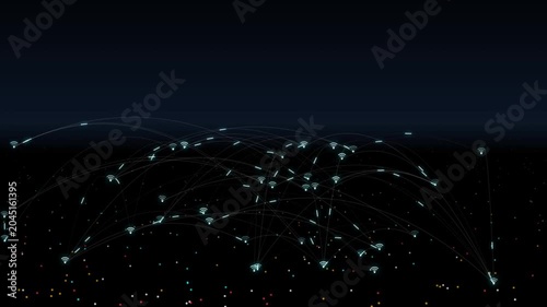 Global Network Connection and Data Transfer Over Dark Background