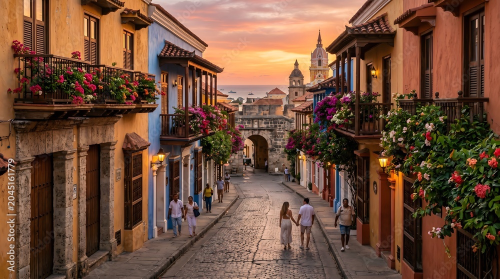 Fototapeta premium Colonial Romance: High-Angle View of Cartagena's Vibrant Historic Street, Flower-Draped Balconies, and Cobblestone Pavement Leading to a Stone Arch and Cathedral Tower at Sunset