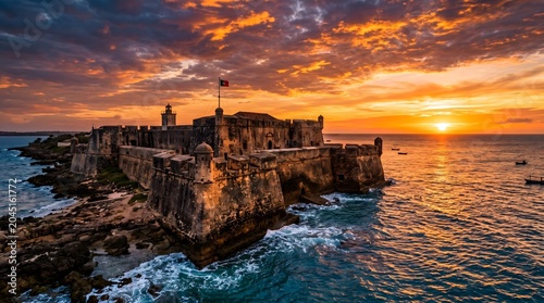 Maritime Citadel: Majestic Aerial View of Fort São Sebastião on the Island of Mozambique with its Massive Stone Bastions Standing Against the Indian Ocean Under a Fiery Sunset Sky