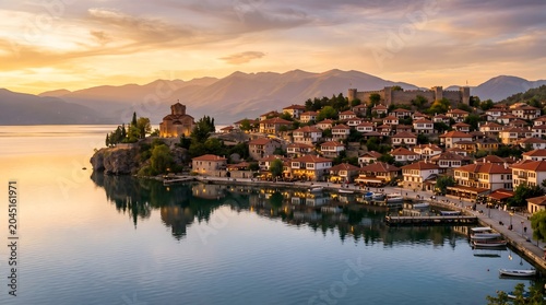 Balkan Heritage: The Historic Lakeside Town of Ohrid, Featuring the Church of Saint John at Kaneo and Samuel's Fortress, Reflected in Pristine Waters at Golden Sunset