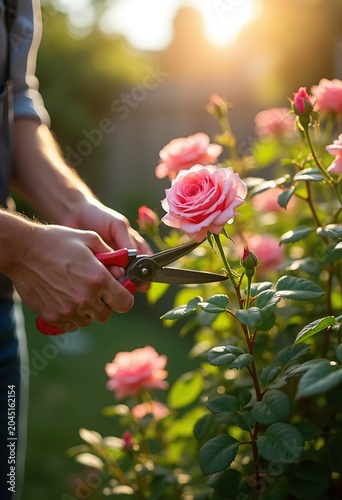 Vivid Morning Backyard Rose Pruning by a Gardener in Blooming Garden