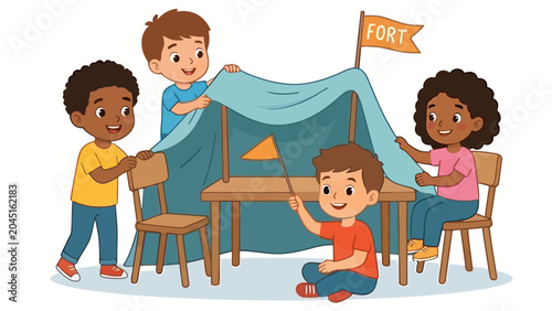 Obraz na plátne Children building indoor fort from chairs and blankets