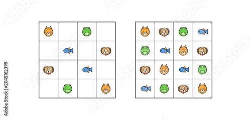 Animal Sudoku for Kids with Cat Dog Frog Fish Vector