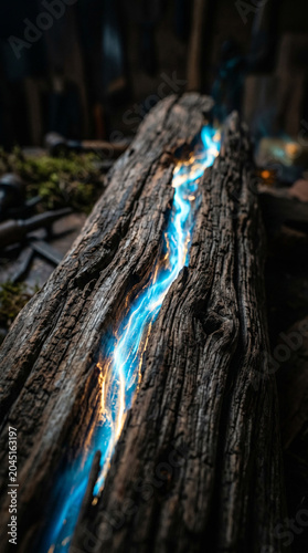 Macro shot of a glowing vein of light running through a piece of natural, aged driftwood. The light represents clean energy flow. Dark, moody background, sharp focus on the wood grain and the luminous