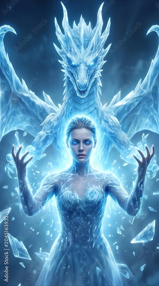 Naklejka premium Ice queen summoning frost dragon. Fantasy character with glowing blue eyes controlling winter magic and frozen mythical creature.