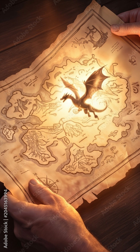 Naklejka premium Ancient treasure map glowing with magical dragon silhouette. Hands holding weathered parchment with fantasy world cartography and mythical creature illustration.