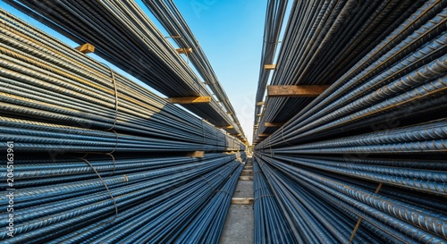 Industrial Steel Rebar Stack Arranged in Parallel Rows Prepared for Construction Site Building Works