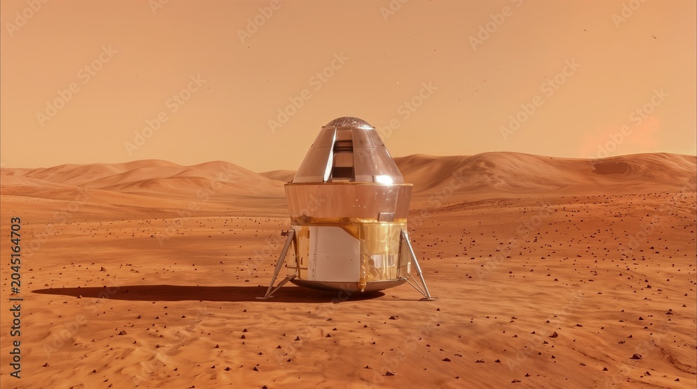 Obraz premium Space capsule landed on red planet surface. Scientific mission lander module on desert landscape of alien world.