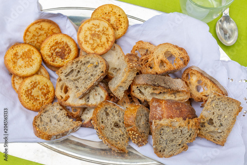 Fresh Bread and Snacks on a Silver Platter at Cafe