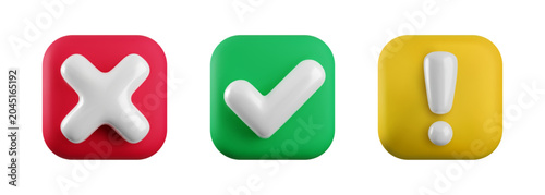 Vector 3d checkmarks icon set. Square glossy yes tick, no cross and attention sign. Check mark, X symbol, exclamation mark on color button realistic 3d render. Right, wrong, warning notification set.