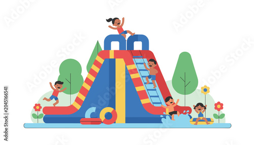Diverse group of happy children playing on a large inflatable red and blue water slide at a sunny outdoor park during a vibrant and cheerful summer afternoon activity.