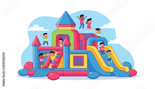 A detailed inflatable castle structure displays a central blue tower with a ladder and several children jumping near the pink base areas in a light outdoor setting.