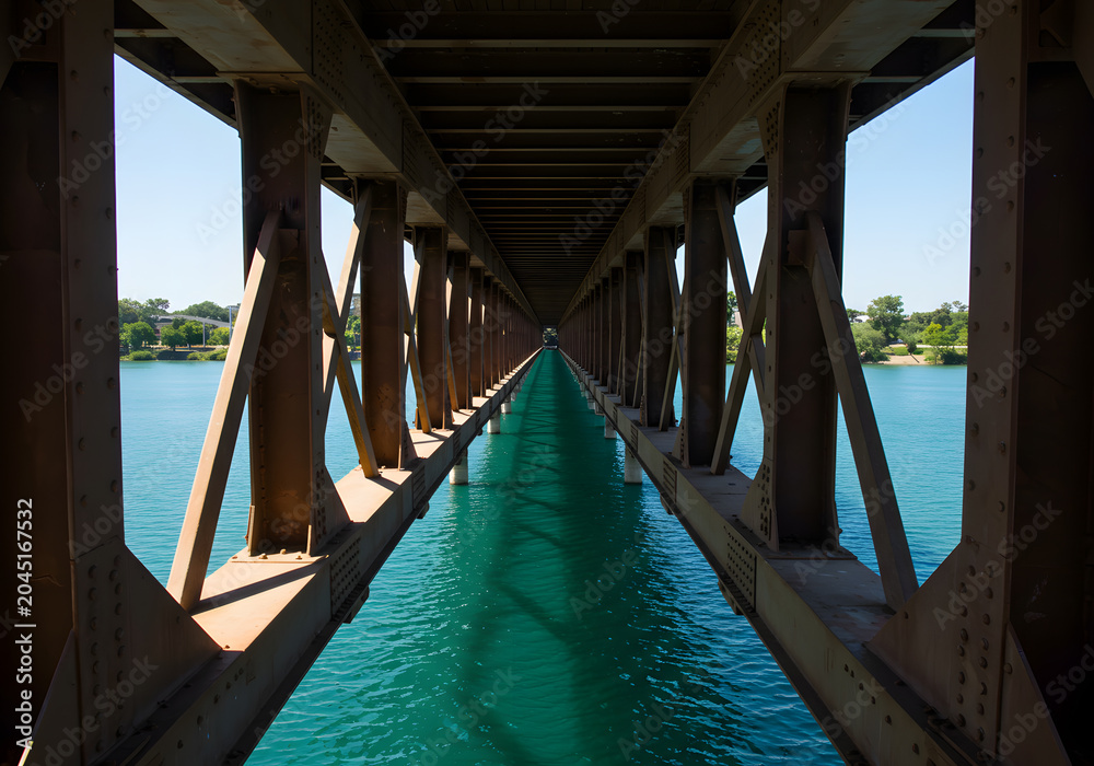 Fototapeta premium Bridge underside over water perspective