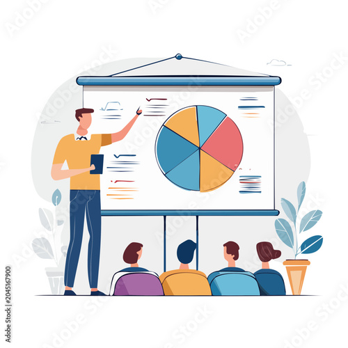 Man presenting pie chart to audience in flat design style