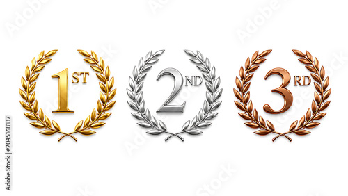 Metallic laurel wreaths for 1st 2nd and 3rd place, gold silver and bronze award symbols, champion trophy icons for sports and business isolated on White Background ai