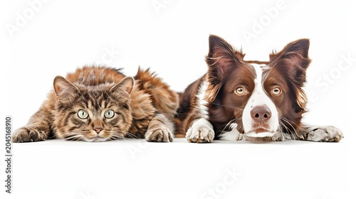A tabby cat and border collie dog relaxing together against a clean white background