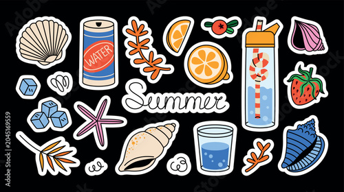 Summer stickers and labels in cartoon style. Printable set of vector designs. Vacation, summer season, tropics, palm tree branch, coral, shells, lemon, strawberry, lingonberry, bottle of water, ect.