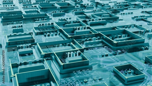 Abstract 3D Circuit Board Motherboard Cyan Teal Aerial View 4K