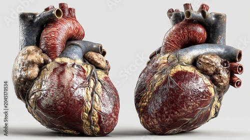 Realistic 3D model of human heart showing detailed anatomy with vessels and chambers from different angles during medical study session