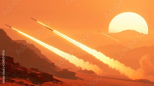 Dramatic night scene depicting massive missile strike amidst smoke and fire in middle east conflict