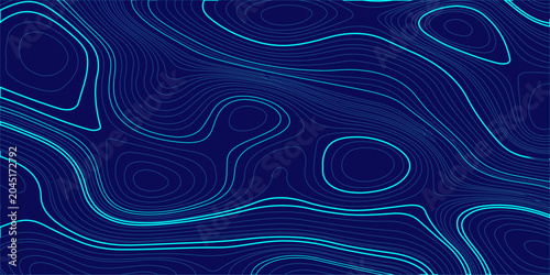 Quadro su tela Abstract topographic map background with cyan contour lines on dark blue, digital geographic terrain pattern vector