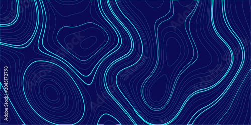 Canvastavla Abstract topographic map background with cyan contour lines on dark blue, digital geographic terrain pattern vector