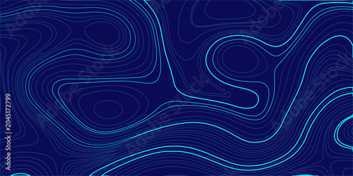Quadro su tela Abstract topographic map background with cyan contour lines on dark blue, digital geographic terrain pattern vector