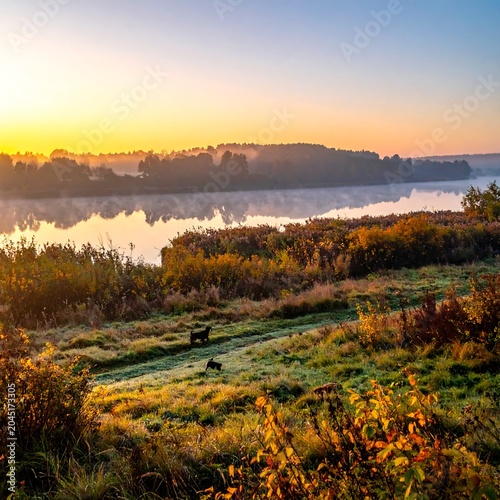 Golden Autumn Meadow Overlooking Misty River at Sunrise