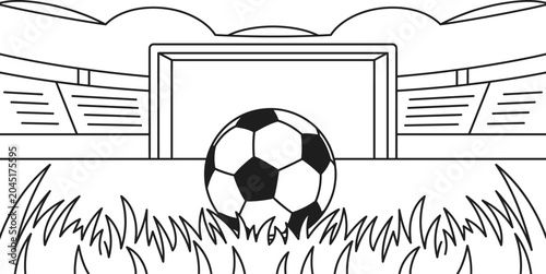 Soccer ball on grass in front of a goal