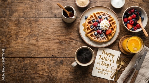 Happy Fathers Day breakfast with waffles berries coffee and orange juice on wooden table