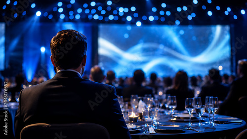 Corporate gala dinner event with professional audience, elegant ballroom banquet with blue stage lighting, formal business conference awards ceremony isolated on White Background ai