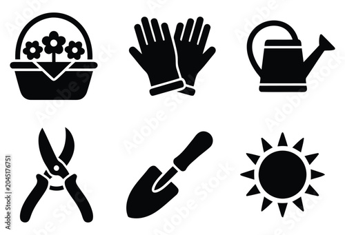 Tableau sur toile Gardening tools silhouette icons set on a white background including a basket gl