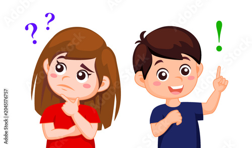 Cute little girl and boy thinking, understand problem and find solution. Process of searches idea